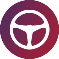 Icon of a racing wheel surrounded by RSSims company's brand colors